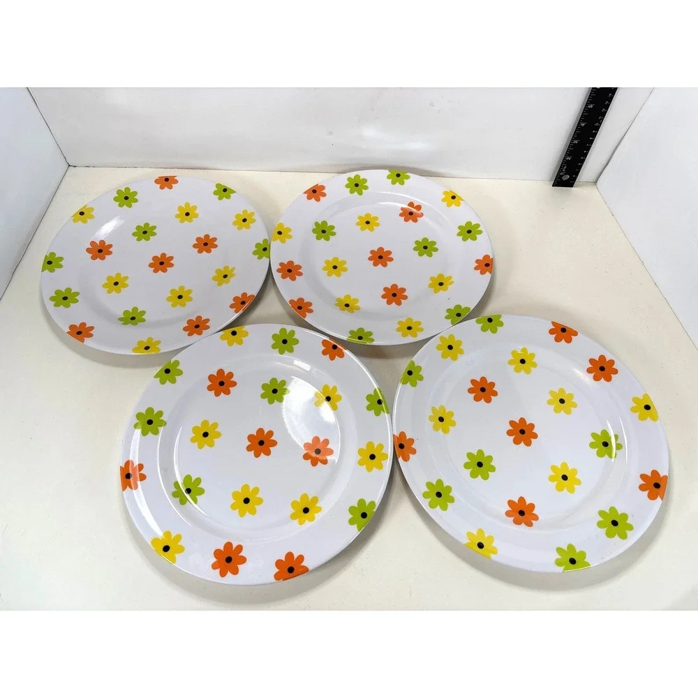 VTG Style Melamine Floral Plate Set 10pc Retro Orange Green Yellow Flower Set